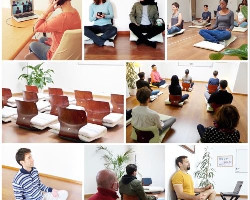 Group of people meditate in meditation room peacefully